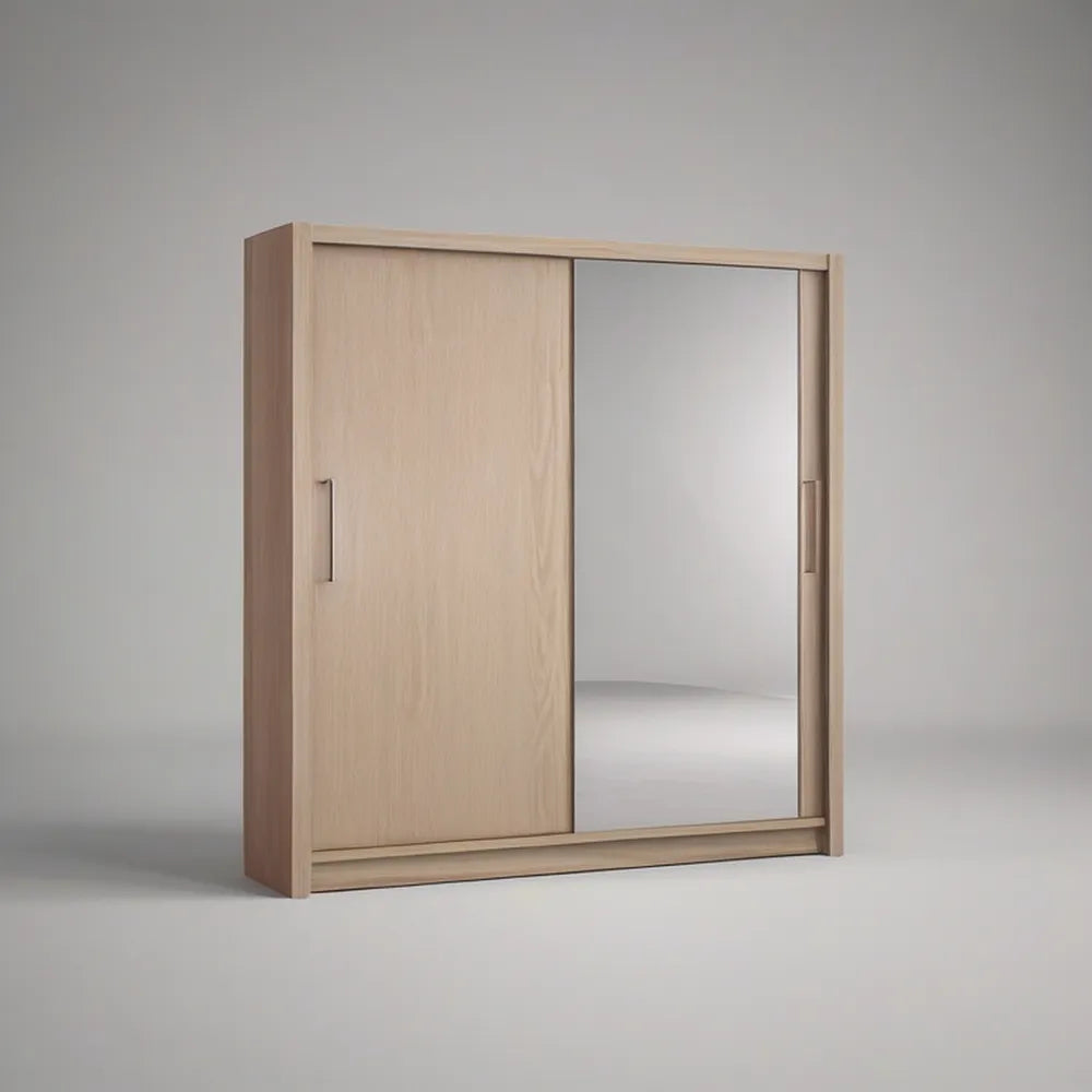Light Oak Engineered Wood Sliding Door Wardrobe with Full-Length Mirror, 47.2 x 23.6 x 78.7 in