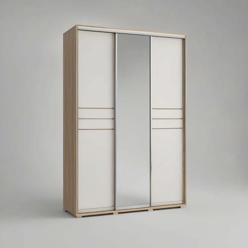 3-Door Sliding Wardrobe with Center Mirror, 70.9 x 23.6 x 86.6 in, White/Beige/Silver