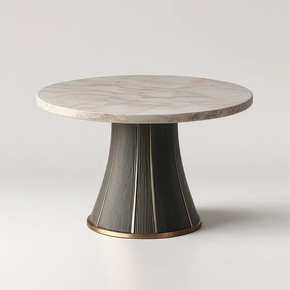 48 in Round Dining Table with Marble-Pattern Sintered Stone Top, Black Fluted Pedestal and Gold Trim
