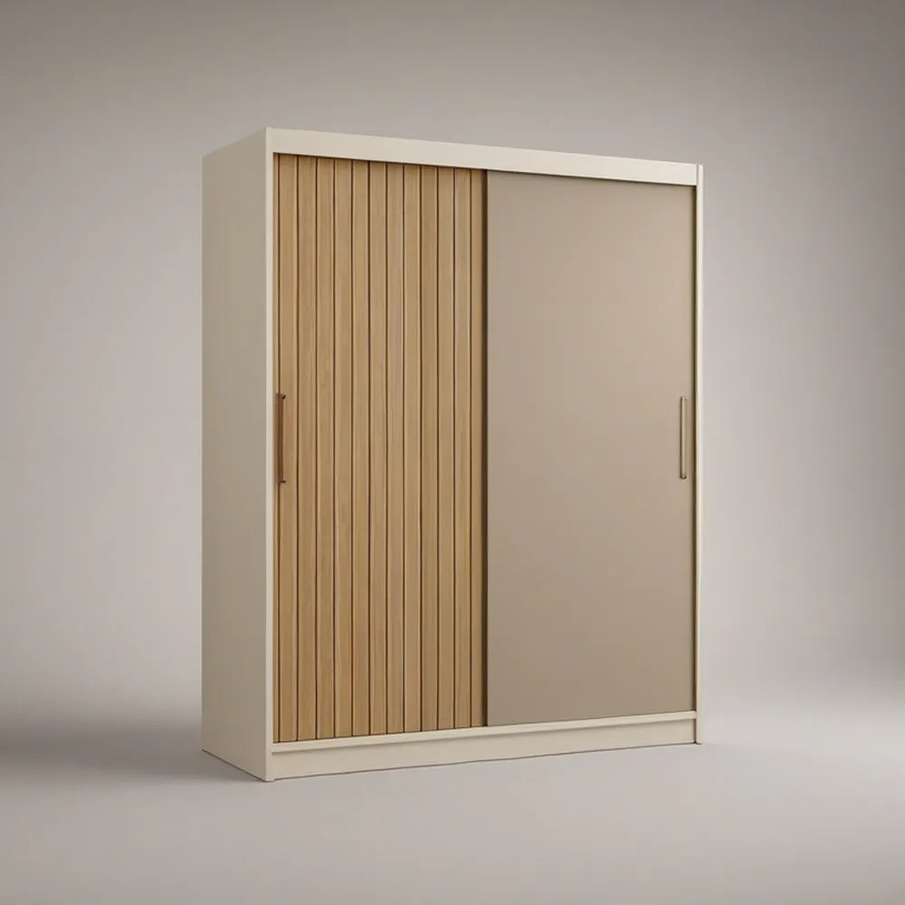 71 in W x 24 in D x 79 in H Beige and Natural Oak MDF Sliding Door Wardrobe with Aluminum Handles
