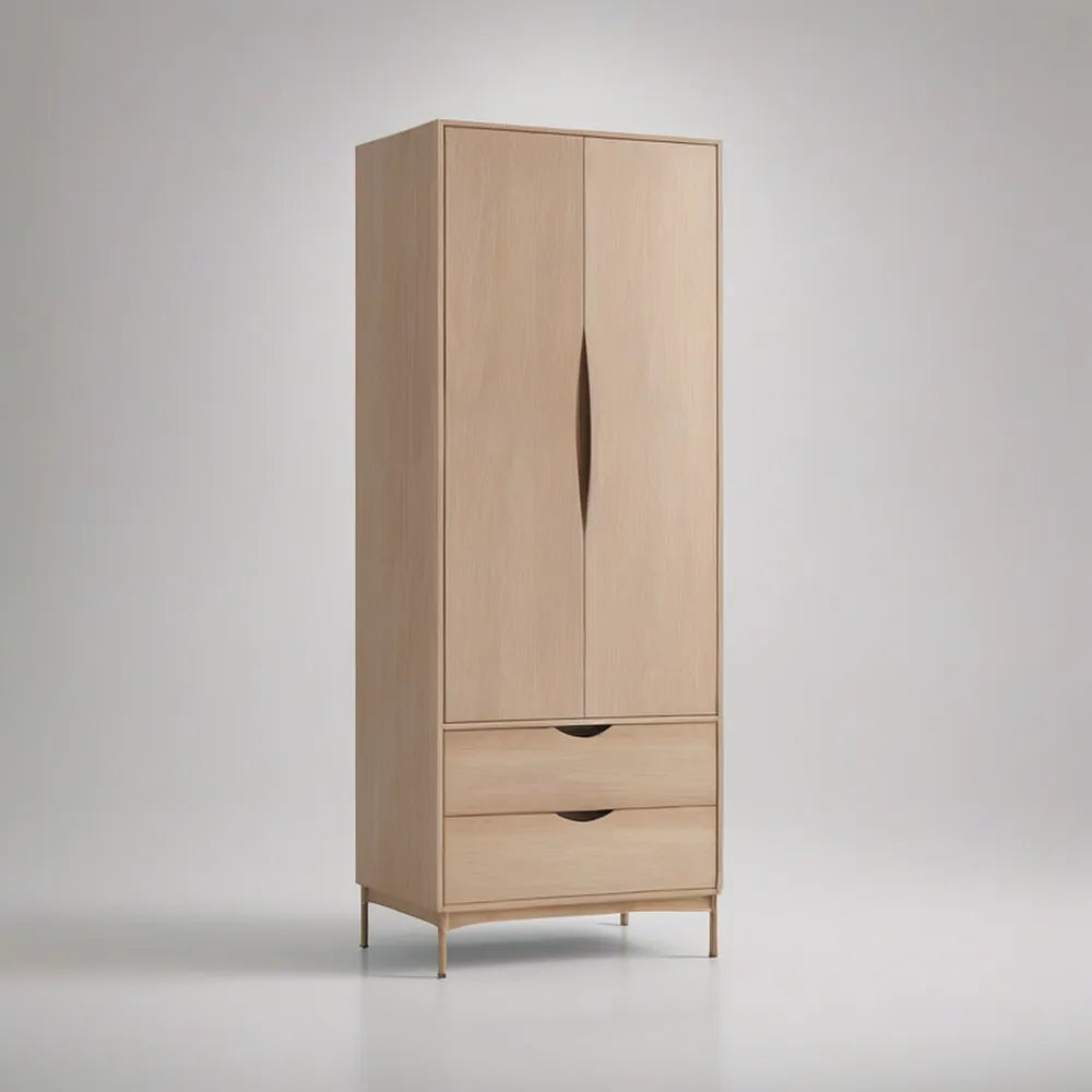 Light Oak Engineered Wood Storage Cabinet with 2 Doors and 2 Drawers, 31.5 x 19.7 x 78.7 in