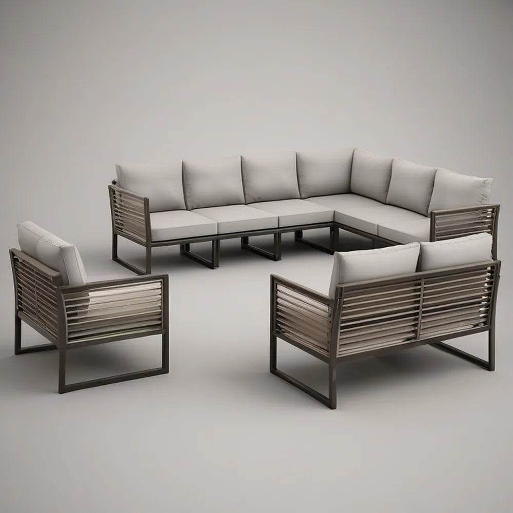 7-Piece Outdoor L-Shaped Sectional Set with 2 Armchairs, Powder-Coated Steel Frame, Light Gray Cushions, Dark Gray Frame, 114.2 x 86.6 x 31.5 in