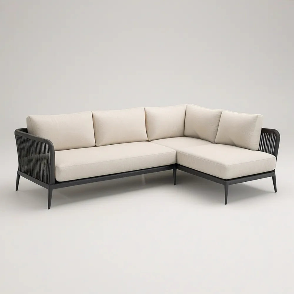 Outdoor L-Shaped Sectional Sofa, Cream Cushions with Black Aluminum Frame, 245 x 170 x 75 cm