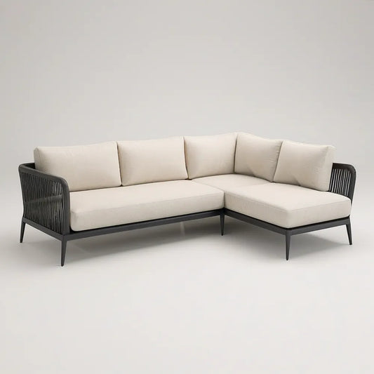 Outdoor L-Shaped Sectional Sofa, Cream Cushions with Black Aluminum Frame, 245 x 170 x 75 cm
