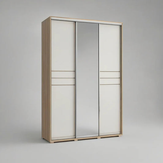 3-Door Sliding Wardrobe with Center Mirror, 70.9 x 23.6 x 86.6 in, White/Beige/Silver