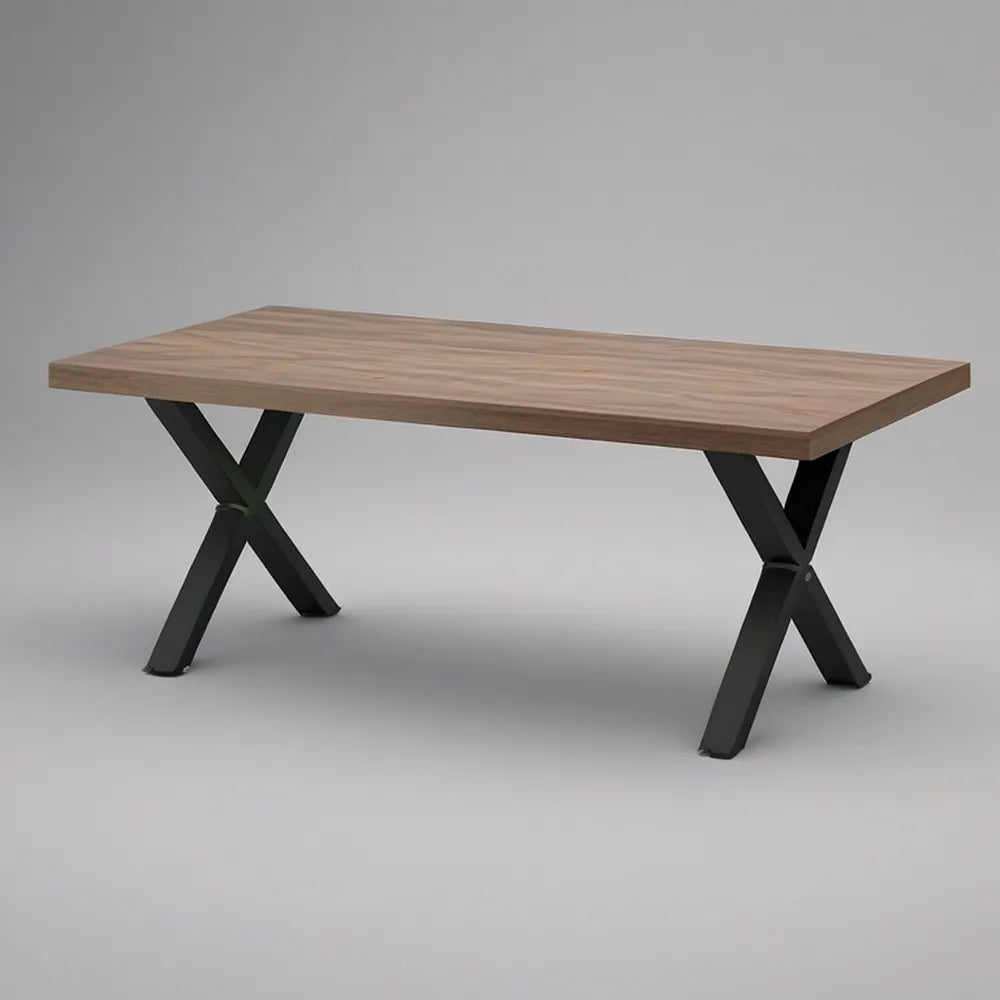 63 x 31.5 x 29.5 in Walnut Wood-Grain MDF Dining Table with Black Steel X-Shaped Legs