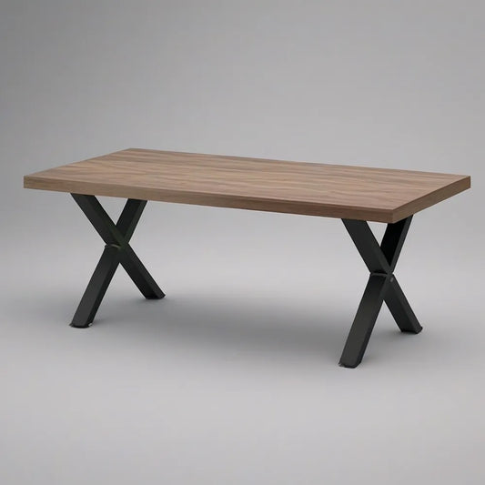 63 x 31.5 x 29.5 in Walnut Wood-Grain MDF Dining Table with Black Steel X-Shaped Legs