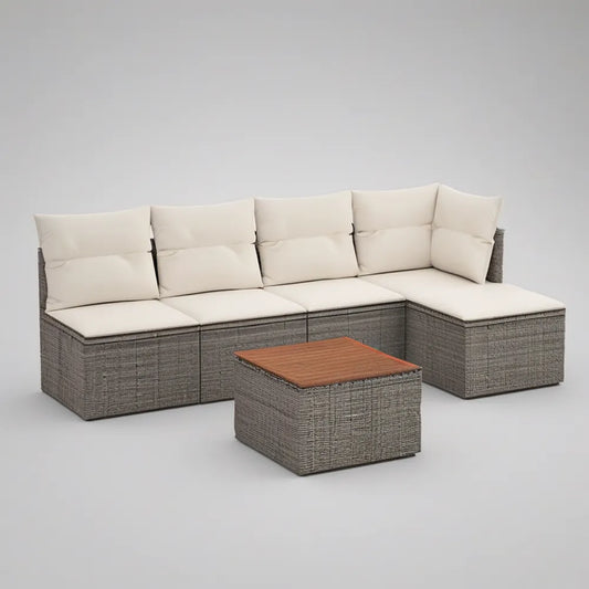 85 x 63 in Gray PE Rattan Sectional with Cream Cushions and Brown Acacia Wood Tabletop