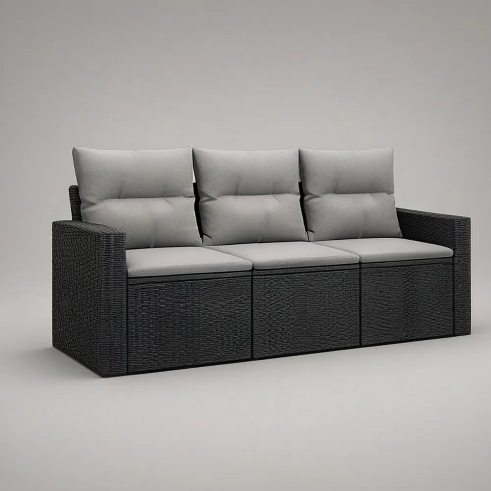 3-Seat Outdoor PE Rattan Sofa with Gray Cushions, Black, 207 x 75 x 73 cm