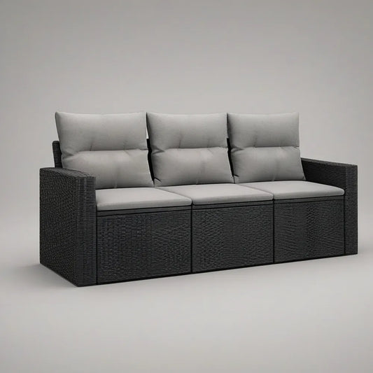 3-Seat Outdoor PE Rattan Sofa with Gray Cushions, Black, 207 x 75 x 73 cm