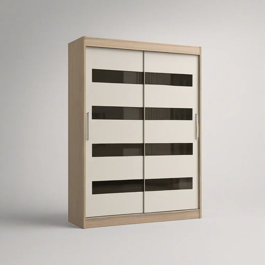 White and Oak Sliding Door Wardrobe with Dark Tinted Glass Inserts, 59.1 x 23.6 x 78.7 in