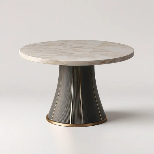 48 in Round Dining Table with Marble-Pattern Sintered Stone Top, Black Fluted Pedestal and Gold Trim