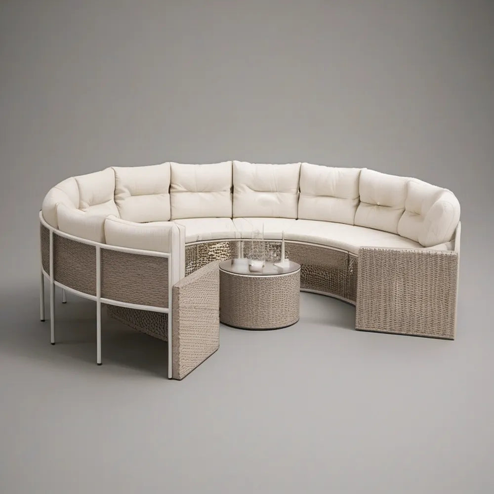 Cream/Beige Curved 6-Piece Patio Conversation Set with Round Coffee Table, 120 x 55 x 30 in