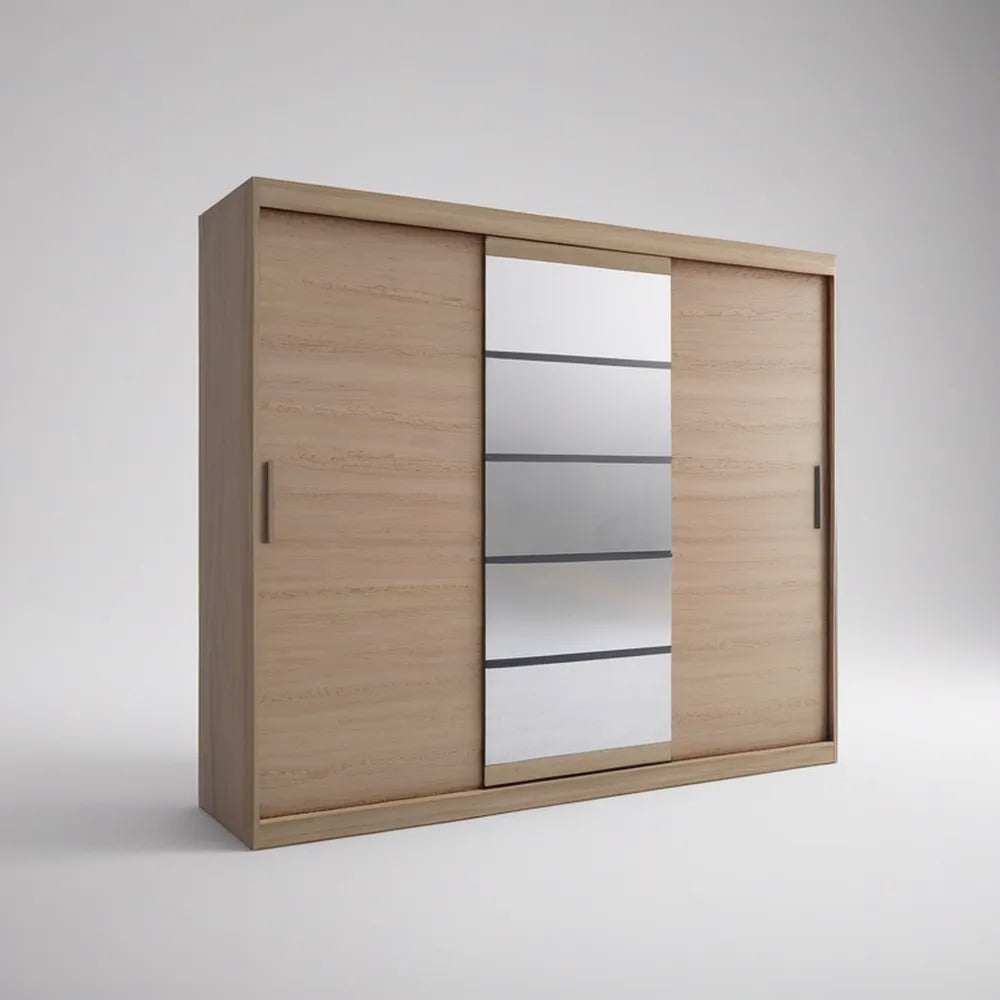 3-Door Sliding Wardrobe with Center Mirror, Light Oak/Gray/Silver, 70.9 x 23.6 x 78.7 in