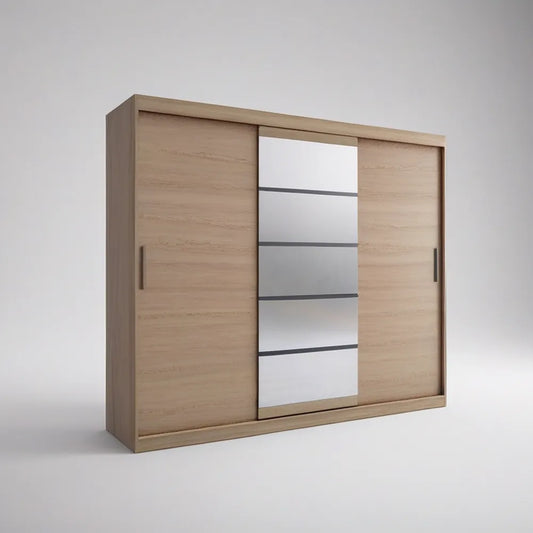 3-Door Sliding Wardrobe with Center Mirror, Light Oak/Gray/Silver, 70.9 x 23.6 x 78.7 in