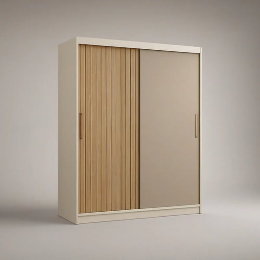 71 in W x 24 in D x 79 in H Beige and Natural Oak MDF Sliding Door Wardrobe with Aluminum Handles