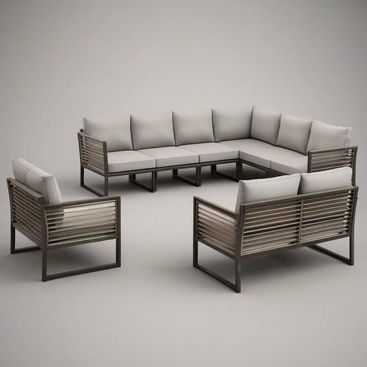 7-Piece Outdoor L-Shaped Sectional Set with 2 Armchairs, Powder-Coated Steel Frame, Light Gray Cushions, Dark Gray Frame, 114.2 x 86.6 x 31.5 in