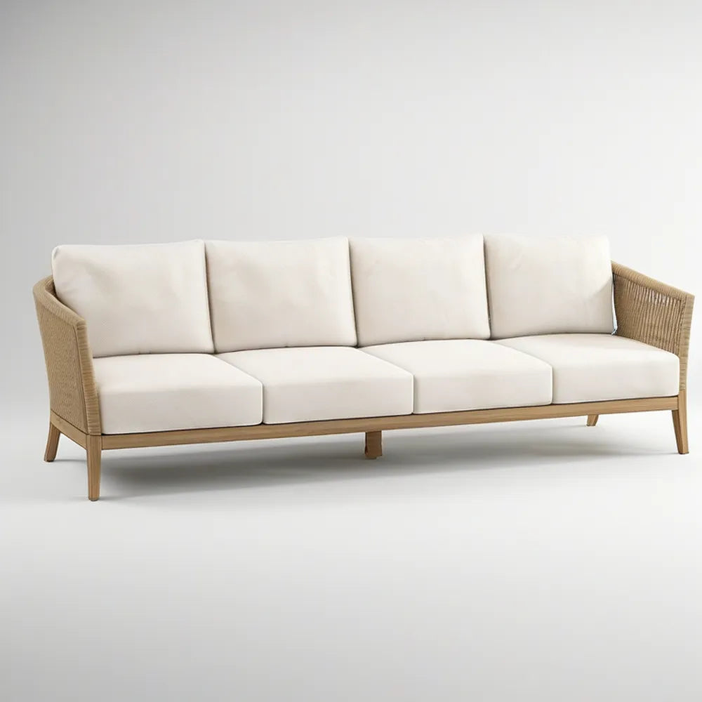 4-Seat Outdoor Garden Sofa, 98.4 x 33.5 x 29.5 in, Solid Acacia Wood and Woven Polyester Rope, Natural Brown/Ivory