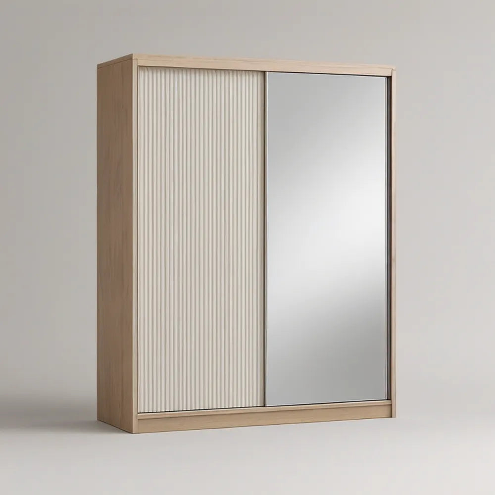 47.2 x 23.6 x 78.7 in Sliding Door Wardrobe with Full-Length Mirror, Natural Oak, White and Silver