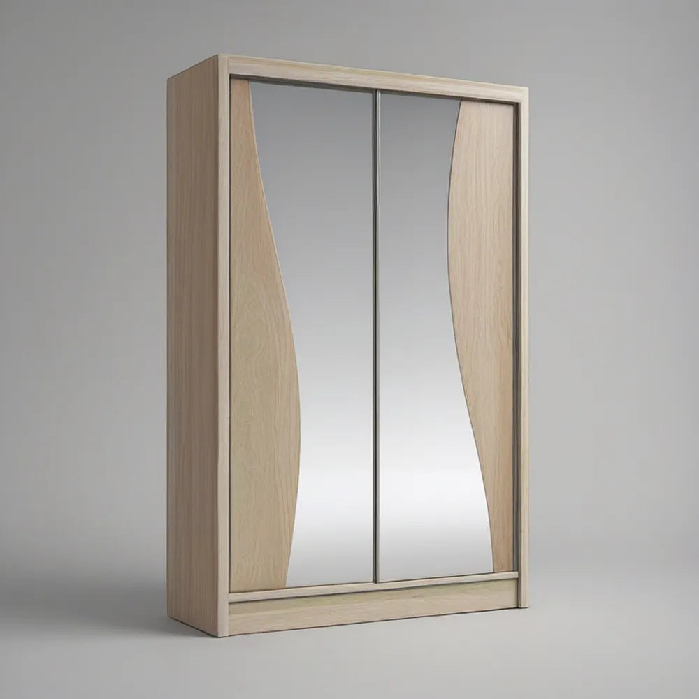 Light Oak and Silver 2-Door Sliding Mirrored Wardrobe, 120 x 60 x 200 cm
